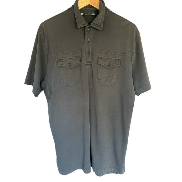 Travis Mathew Polo Shirt Men’s L Short Sleeve Golf Black Pima Cotton Braille Art - Picture 1 of 8